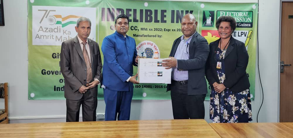 PNG Electoral Commr Simon Sinai accepted donation of indelible ink (20971 bottles) by India (Mysore Paints and Varnish Ltd) for PNG general elections, 2022. India wishes PNG a free & fair elections to lead PNG to greater heights. 1st ever Indian assistance to PNG elections.
