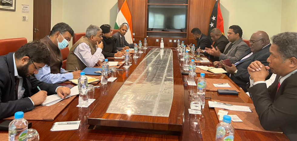 HC Inbasekar with Secretary(East) Shri Saurabh Kumar and Smt Paramita Tripathi, JS(Oceania) during meeting with ICT Minister H.E. Timothy Masiu.  On December 6, 2022 