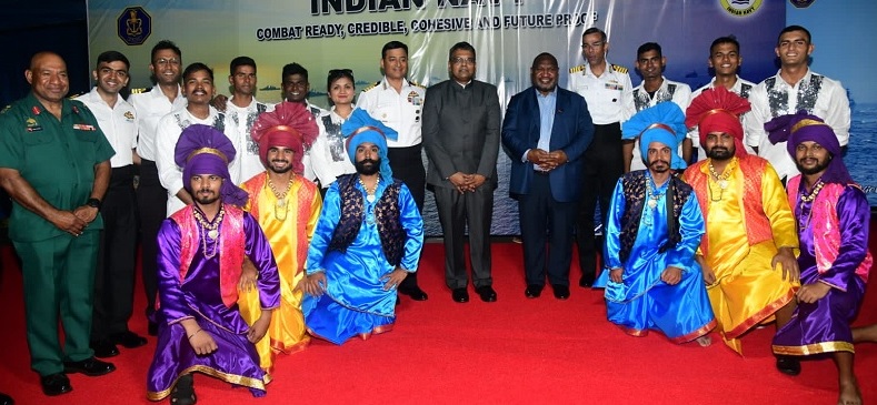 The crew's cultural dancers lit up the occasion, with PNG PM James Marape, Indian High Commissioner Inbasekar Sundaramurthi, PNG Defence Force Commander Major-General Mark Goina with two Captains and Naval ship members, creating a vibrant atmosphere.